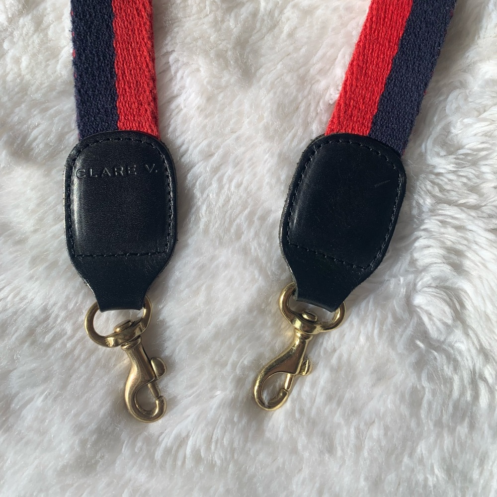 Clare V webbed long crossbody strap in navy and red